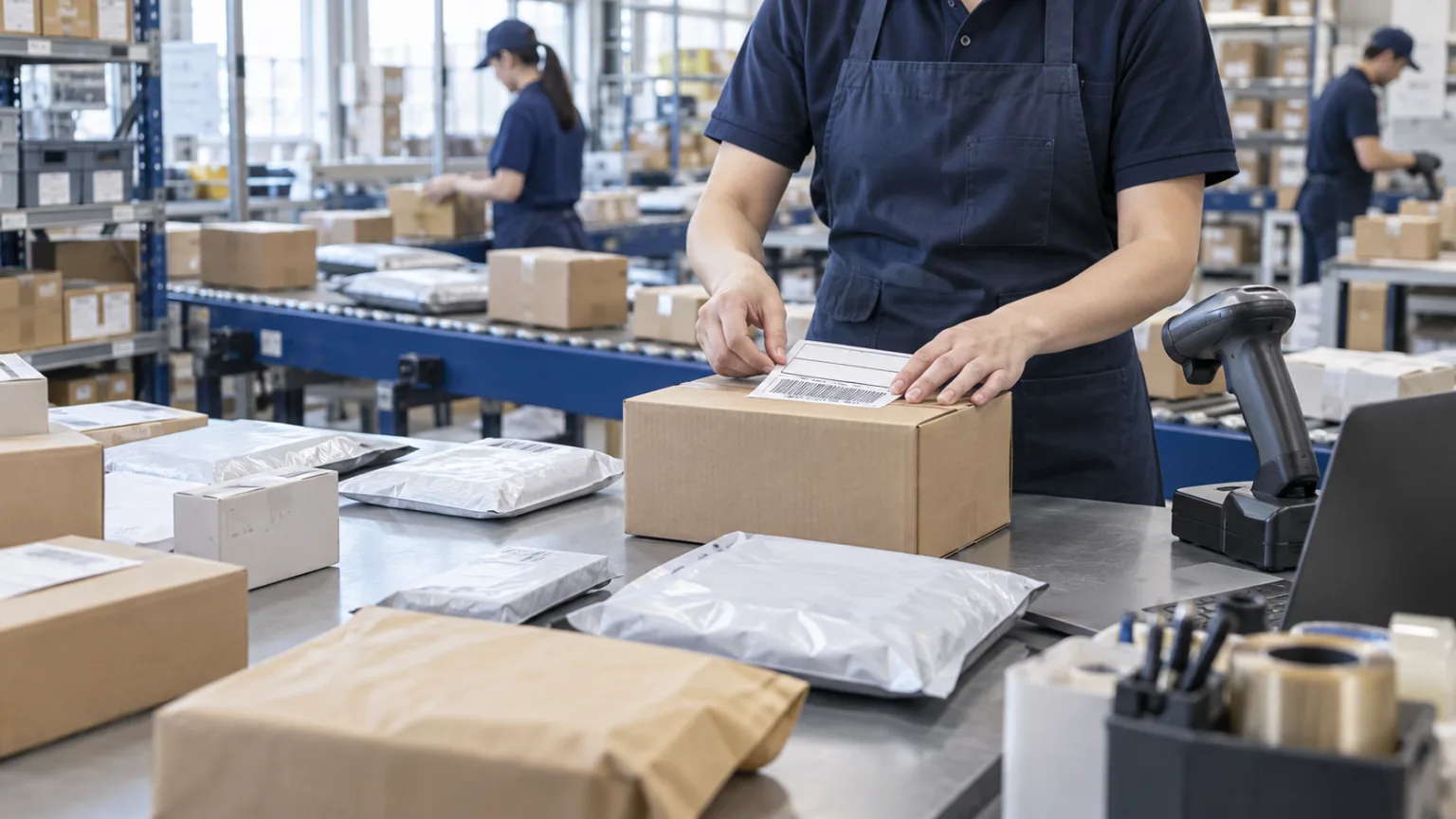 越境ECの商品を梱包して国際配送を準備する作業
