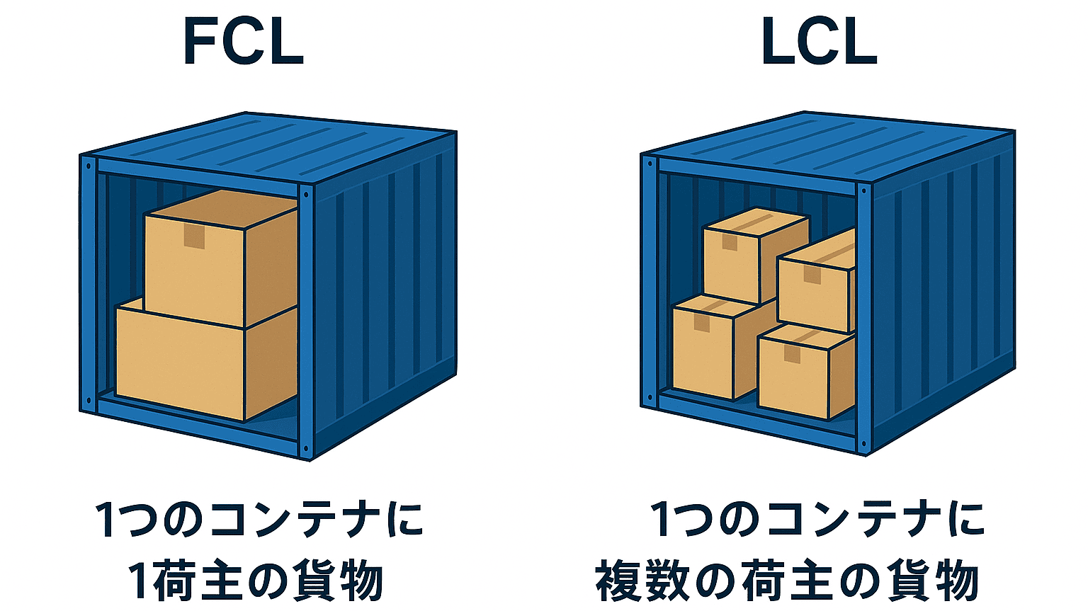 FCL（コンテナ輸送）とLCL（混載便）の比較図