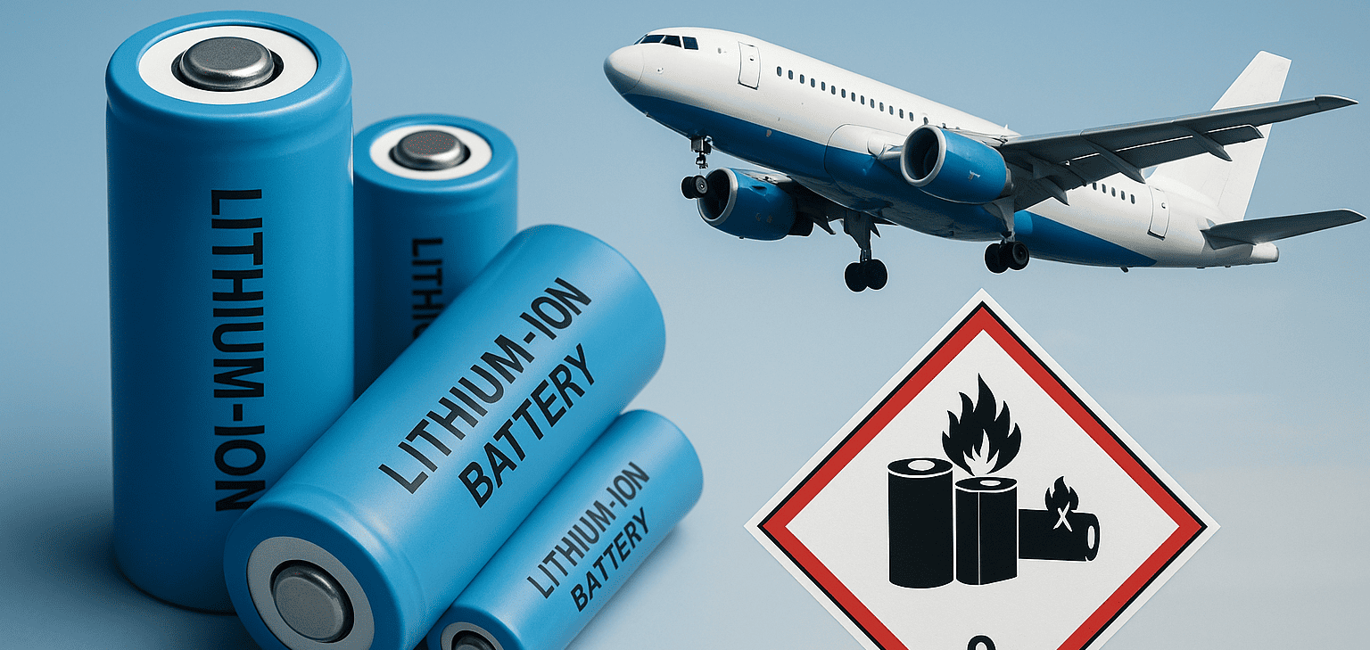 リチウムイオン電池と飛行機、そして危険物ラベルが描かれたイメージ