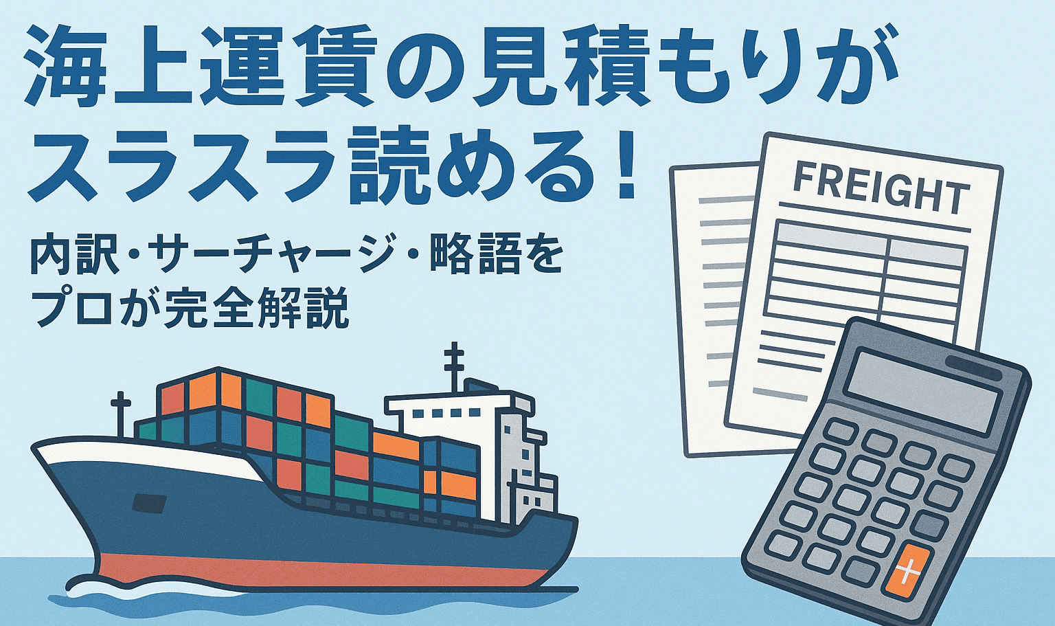 海上運賃の見積もりをテーマにしたアイキャッチ(コンテナ船・電卓・書類のイメージ)