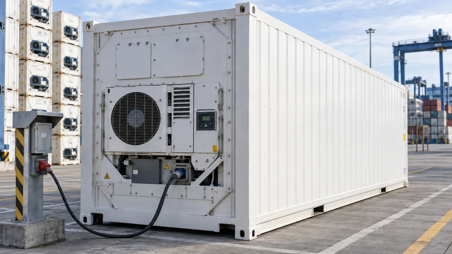 電源に接続されたリーファーコンテナと冷凍機のイメージ