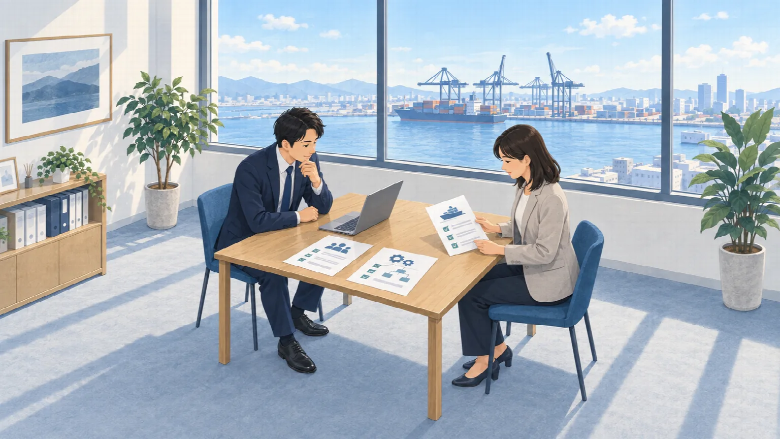 港を望むオフィスで、ノートパソコンと比較資料を使って貿易DXサービスを検討する二人の担当者のイラスト