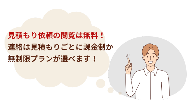 見積もり依頼の閲覧は無料！連絡は見積もりごとに課金制か無制限プランが選べます！