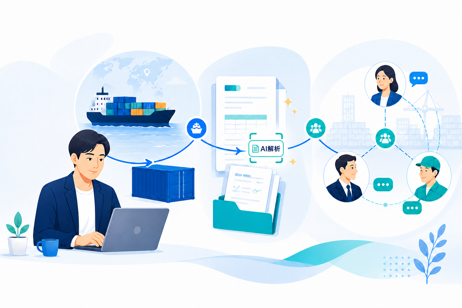 輸送、AI書類解析、社内外の連携をまとめるLogiMeetsの業務イメージ