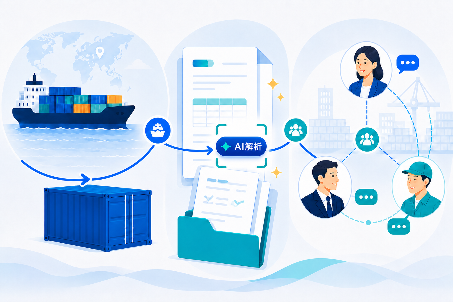 AI解析を活用し、輸送進捗、貿易書類、社内外共有をまとめるイメージ